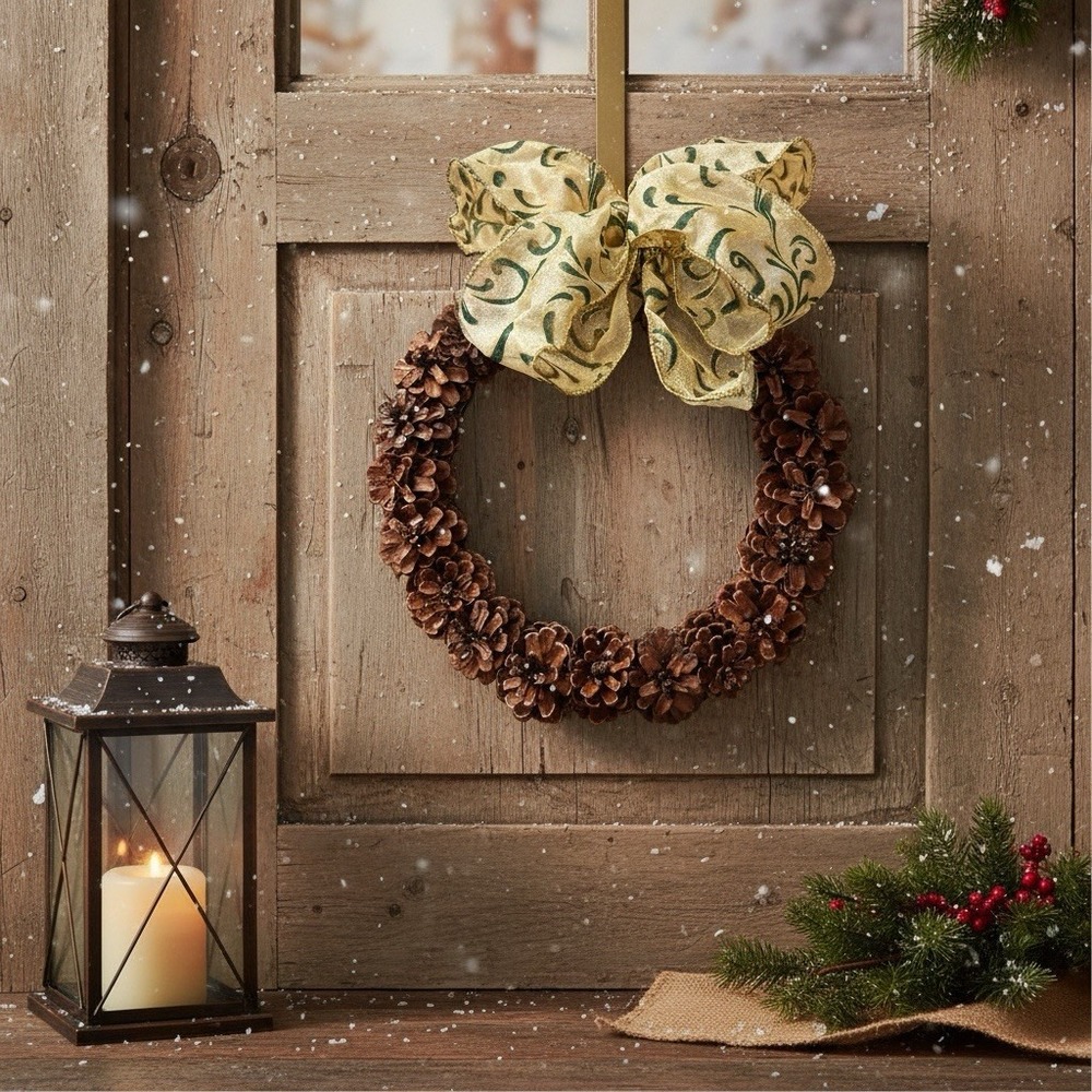 Artisan Holiday Pinecone Wreath w/Bow 10" Cottagecore Cabincore Arts‎ & Craft